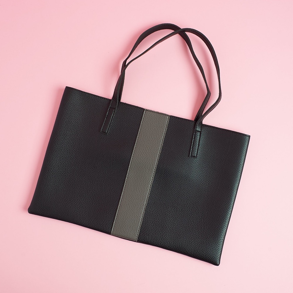 Vince Camuto Black Leather Tote with Grey Stripe